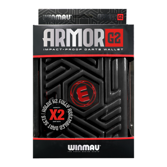 Dies ist eine schwarze, stoßfeste Darttasche der Marke Winmau namens "Armor G2". Sie bietet Platz für zwei komplett montierte Dart-Sets.