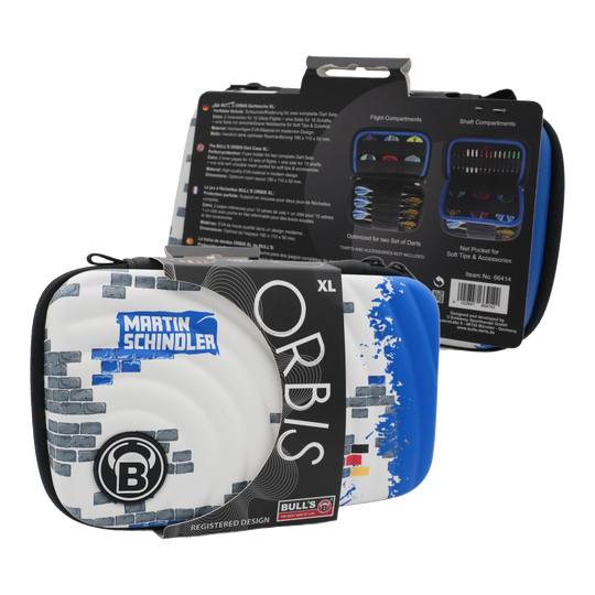 Bulls Orbis XL Martin Schindler Dartcase Das Bild zeigt das Produkt "Bulls Orbis XL Martin Schindler Dartcase". Das Dartcase ist weiß mit blauen und grauen Designelementen und bietet Platz für zwei Dart-Sets.