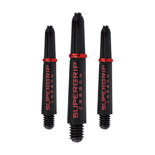 Das Bild zeigt drei schwarze Harrows Supergrip Carbon Shafts mit rotem Schriftzug und roten Ringen. Die Dartschäfte sind in verschiedenen Längen abgebildet.