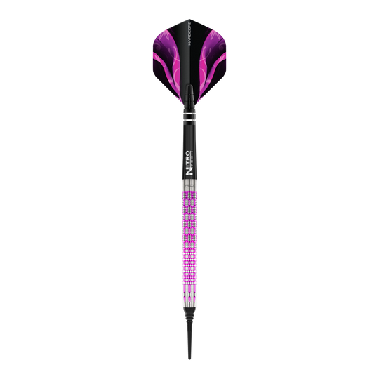 Red Dragon Tyrian Softdarts - 22g Auf dem Bild ist der Red Dragon Tyrian Softdart mit einem Gewicht von 22g zu sehen. Der Dart hat ein auffälliges Design mit lila und pinken Akzenten.