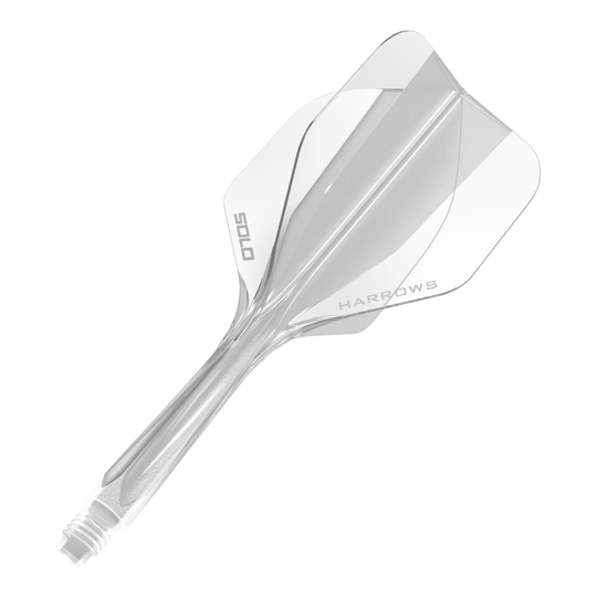 Dieses Bild zeigt das Harrows Solo No6 Flight-Shaft-System in Clear. Es wird als Ersatzteil für Dartpfeile genutzt.