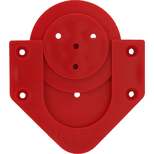 profix_rot Das Bild zeigt eine rote Boardhalterung mit mehreren Befestigungslöchern. Sie besteht aus Kunststoff und hat die Aufschrift "B-TEC".