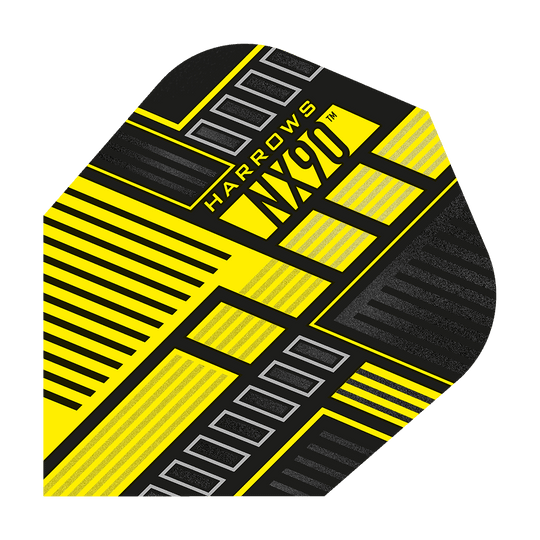 Das Bild zeigt das Produkt "Harrows Prime NX90 Yellow Flights". Es hat ein modernes Design mit gelben, schwarzen und grauen Linien und Mustern.