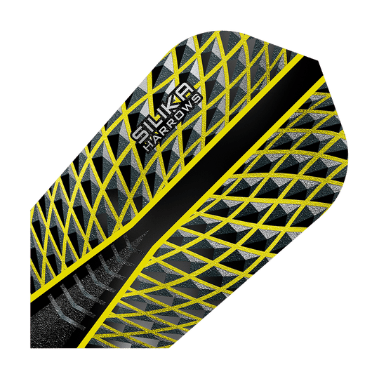 HR87_Harrows_Silika_Yellow_Slim_Flights_1NHynMKpZkuswJ Das Bild zeigt das Produkt "Harrows Silika Yellow Slim Flights". Das Design ist schwarz mit gelben und silbernen geometrischen Mustern.