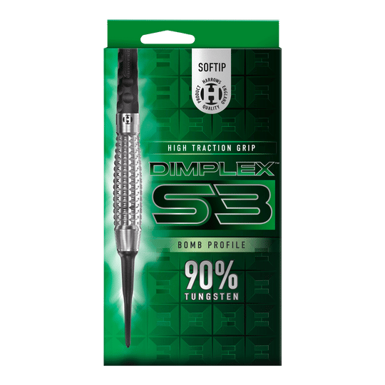 Harrows Dimplex S3 Bomb Softdarts Das Bild zeigt eine Verpackung der "Harrows Dimplex S3 Bomb Softdarts". Auf der Verpackung steht, dass die Darts eine hohe Grifftraktion haben und aus 90% Wolfram bestehen.