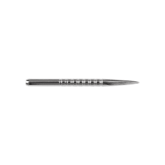 57781_Bulls_GP3_Steeldartspitzen_Silber_34mm_2 Das Bild zeigt eine silberne Steeldartspitze des Modells 'Bulls GP3'. Die Spitze ist aus Metall gefertigt und hat mehrere Rillen für besseren Halt.