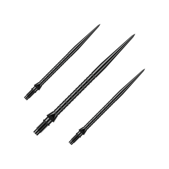 Gezeigt wird ein Set von schwarzen Steeldartspitzen mit Wave-Struktur. Die Spitzen sind vermutlich 40 mm lang.
