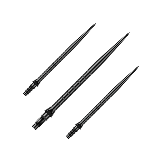 Winmau Switch Point Wave Steeldartspitzen - Schwarz Gezeigt wird ein Set von schwarzen Steeldartspitzen mit Wave-Struktur. Die Spitzen sind vermutlich 40 mm lang.