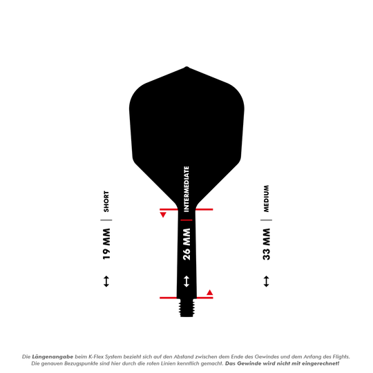 Target Japan K-Flex Hot Shot No2 Standard Flight-Shaft-System Das Bild zeigt eine Dart-Flightschafte mit Längenangaben in Millimetern. Es werden die drei Längen "Short" (19 mm), "Intermediate" (26 mm) und "Medium" (33 mm) dargestellt.