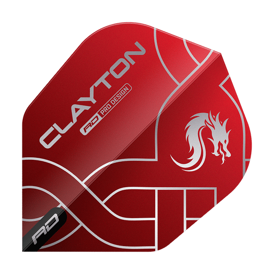 Das Bild zeigt ein rotes Dartflight mit silbernem Drachenmotiv und der Aufschrift "CLAYTON". Das Design ist modern und auffällig gestaltet.