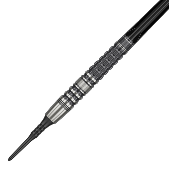 Das Bild zeigt einen Target Japan Black Marque Lumiere GEN3 Softdart mit einem Gewicht von 18,5g. Der Dart ist aus Metall gefertigt und besitzt ein detailliertes, strukturiertes Griffdesign.
