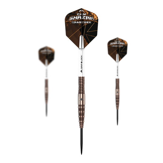 Mission Cam Crabtree V2 95% Tungsten Steeldarts Das Bild präsentiert ein Set der Mission Cam Crabtree V2 Steeldarts. Mehrere Dartpfeile werden gemeinsam gezeigt.
