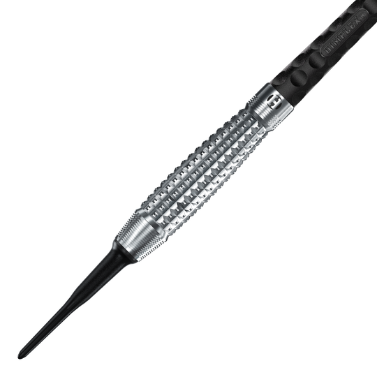 Harrows Dimplex S3 Bomb Softdarts Das Bild zeigt einen Harrows Dimplex S3 Bomb Softdart. Der Dartpfeil hat eine silberne, strukturierte Griffzone und eine schwarze Kunststoffspitze.