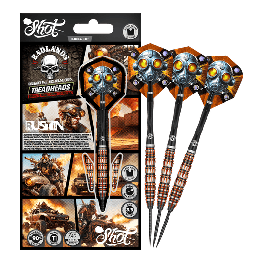Shot Badlands Rustin Steeldarts - 23g Das Bild präsentiert den Shot Badlands Rustin Steeldarts - 23g. Der komplette Dartpfeil ist abgebildet.
