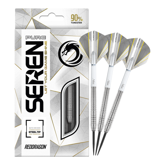Red Dragon Seren 2 Pure Steeldarts Das Bild zeigt das Produkt "Red Dragon Seren 2 Pure Steeldarts" mit einer eleganten Verpackung. Neben der Packung sind drei silberne Steeldarts abgebildet.