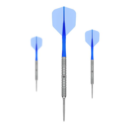 Auf diesem Bild sieht man die Caliburn Rix EZ-EVO R1 Steeldarts im Set. Die Steeldarts sind zusammen angeordnet.