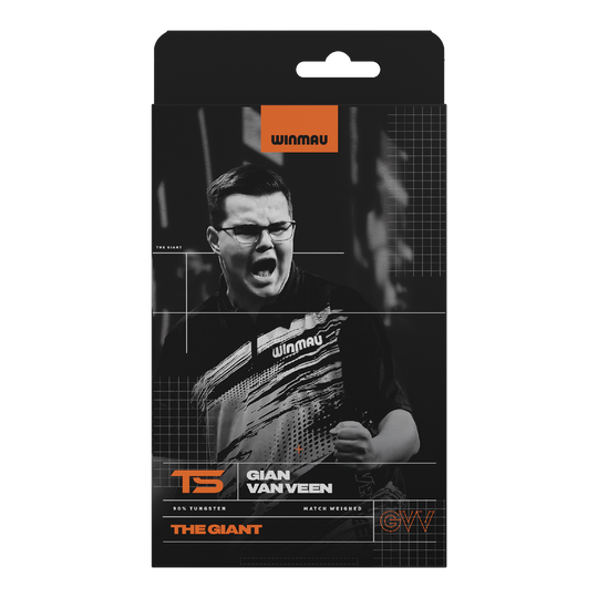 Abgebildet sind Winmau Gian Van Veen TS Softdarts, 18g. Die Darts sind einzeln aufgereiht zu sehen.
