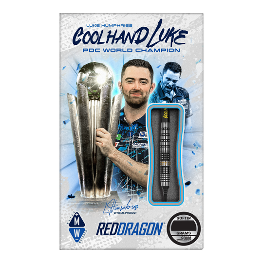 Red Dragon Luke Humphries Prestige Softdarts - 20g Das Bild zeigt die Verpackung der "Red Dragon Luke Humphries Prestige Softdarts - 20g". Auf der Verpackung ist ein Foto von Luke Humphries mit einem Pokal zu sehen, sowie ein einzelner Dartpfeil als Produktabbildung.