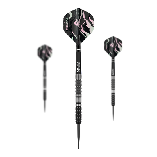 Red Dragon Paradym Tapered Steeldarts Auf dem Bild sind drei Red Dragon Paradym Tapered Steeldarts zu sehen. Die Darts haben ein schwarzes Design mit silbernen Akzenten und gemusterten Flights.