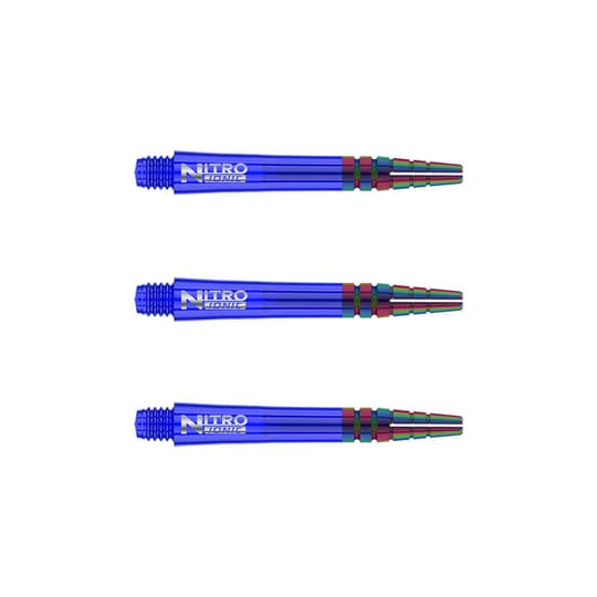 C601_Nitro_Ionic_Short_Blue_Shafts Das Bild zeigt drei blaue RedDragon Nitrotech Ionic Shafts. Sie sind nebeneinander angeordnet und haben silberne Schriftaufdrucke.