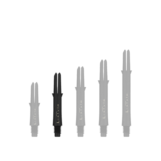 L-Style Carbon Shafts 190 Auf dem Bild sind fünf schwarze L-Style Carbon Shafts für Darts in verschiedenen Längen zu sehen. Sie stehen nebeneinander, ohne Kappen, auf einem hellen Hintergrund.