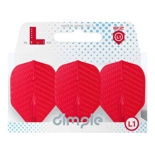Auf dem Bild sind drei rote Dart-Flights in einer Verpackung zu sehen. Die Marke „L-style“ und das Wort „dimple“ stehen auf der Verpackung.