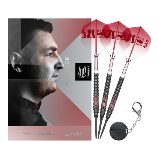 Target Nathan Aspinall 95K Swiss Point Steeldarts Volle Ansicht der Target Nathan Aspinall 95K Swiss Point Steeldarts. Die Darts sind in ihrer Gesamtheit abgebildet.