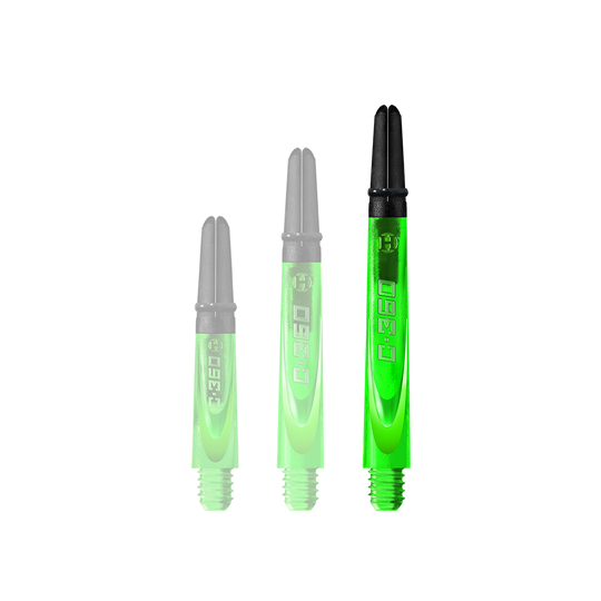 Auf dem Bild sind drei leuchtend grüne Dartschäfte in unterschiedlichen Längen zu sehen. Jeder Schaft hat ein schwarzes Oberteil und die Aufschrift "C.360" auf der Seite.