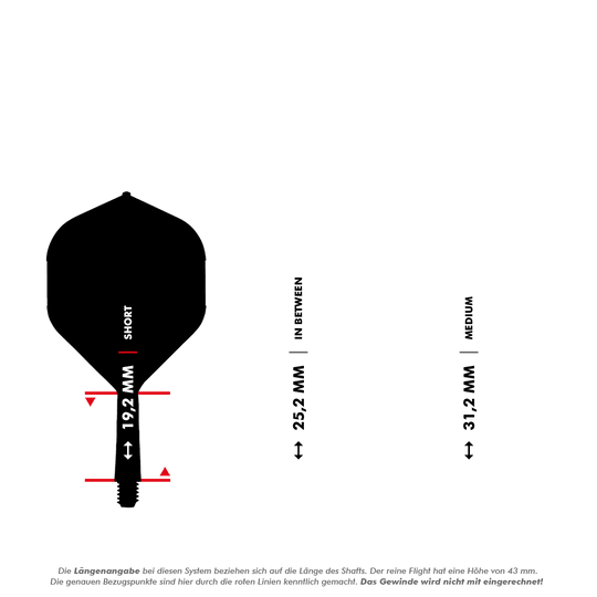 Das Bild zeigt drei verschiedene Längen von Dart-Shafts: Short (19,2 mm), In Between (25,2 mm) und Medium (31,2 mm). Die Maße sind jeweils mit Pfeilen und Beschriftungen dargestellt.