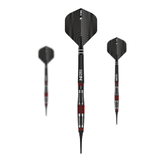 Red Dragon Marlin Venom Softdarts - 22g Das Bild zeigt drei Softdarts des Modells "Red Dragon Marlin Venom" mit einem Gewicht von 22g. Die Darts sind in Schwarz mit roten und silbernen Akzenten gestaltet.