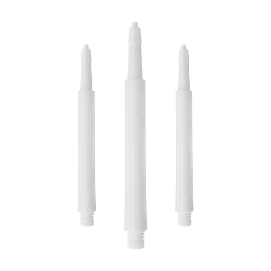 HRC12633W_Harrows_Clic_Standard_Shafts_Weiss_23mm_1 Das Bild zeigt drei weiße Harrows Clic Standard Shafts. Sie sind gerade angeordnet und haben ein einfaches, sauberes Design.