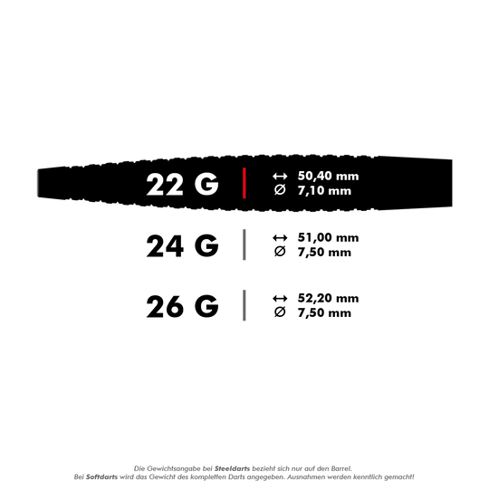 Das Bild zeigt die technischen Daten von Steeldarts in den Gewichten 22 g, 24 g und 26 g. Angegeben sind jeweils die Länge und der Durchmesser der Darts.