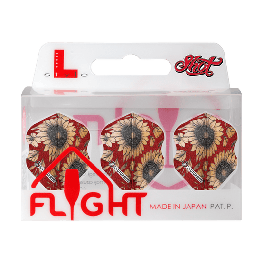 SF5438_Shot_L-Style_Sunflower_L1EZ_Flights_3tggZuamps70Qm Das Bild zeigt eine Packung mit Shot L-Style Sunflower L1EZ Flights. Die Flights haben ein Sonnenblumenmuster auf rotem Hintergrund und sind in einer transparenten Verpackung zu sehen.