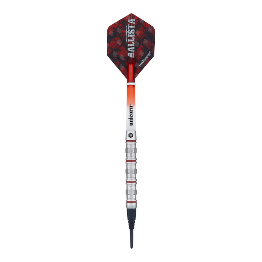 Unicorn Ballista Style 4 Softdarts Das Bild zeigt einen Softdart der Marke Unicorn, Modell Ballista Style 4. Der Dart hat rote und schwarze Flights sowie einen silbernen, gerillten Barrel.