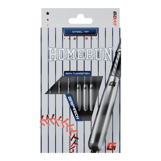 GOAT Homerun Baseball Tungsten Steeldarts Das Bild zeigt die Verpackung der "GOAT Homerun Baseball Tungsten Steeldarts" mit Stahlspitze. Auf der Vorderseite sind drei Darts sowie baseballtypische Designelemente abgebildet.