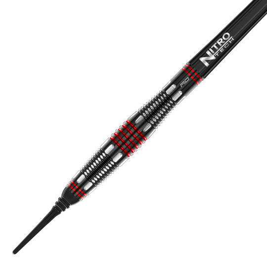 Red Dragon Marlin Venom Softdarts - 22g Das Bild zeigt den Red Dragon Marlin Venom Softdart mit einem Gewicht von 22 Gramm. Der Dart hat ein schwarzes und silbernes Design mit auffälligen roten Ringen und einer „Nitro Tech“-Beschriftung.