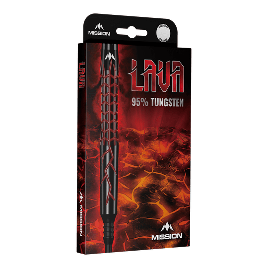 Mission Lava Softdarts - 20g Die Abbildung zeigt die Verpackung der "Mission Lava Softdarts - 20g". Auf der Verpackung steht "95% Tungsten" und sie ist mit einem Lava-Motiv gestaltet.