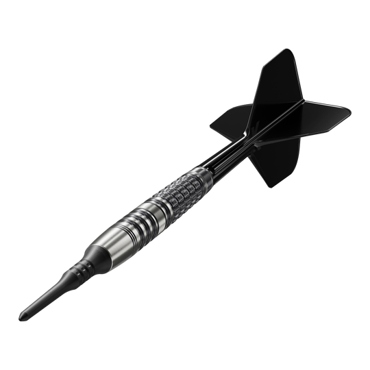 Das Bild zeigt einen Target Japan Black Marque Lumiere GEN3 Softdart mit einem Gewicht von 18,5g. Der Dartpfeil hat ein elegantes, schwarzes Design und eine strukturierte Griffzone.