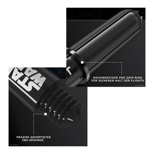 Target Star Wars ProGrip Shafts in Schwarz sind auf dem Bild zu sehen. Diese Schäfte richten sich an Dart- und Star Wars Liebhaber.