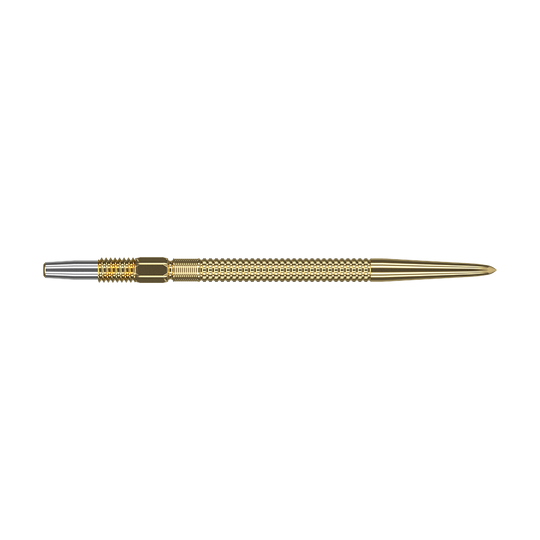 Das Bild zeigt eine goldfarbene Dartspitze mit feinen Rillen und glatter Spitze. Die Dartspitze wirkt hochwertig und ist für präzises Werfen geeignet.