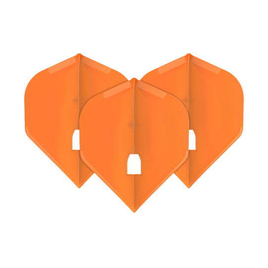 L-Style Champagne L1PRO Flights Das Bild zeigt drei orangefarbene Dart-Flights in Standardform. Sie sind ordentlich nebeneinander angeordnet und haben eine glänzende Oberfläche.