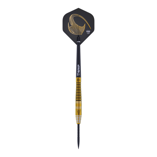 Bulls Stingray ST3 Steeldarts Dies ist ein Steeldart aus der Bulls Stingray ST3 Serie. Der Dart hat ein schwarzes und goldenes Design mit feinen Rillen am Barrel.