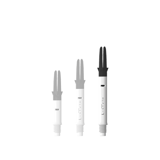 L-Style L-Shaft Carbon Silent Straight - Weiß 330 Auf dem Bild sind drei verschieden lange, weiße Dartshafts mit schwarzem oberen Teil zu sehen. Sie stehen nebeneinander aufrecht auf einem weißen Hintergrund.