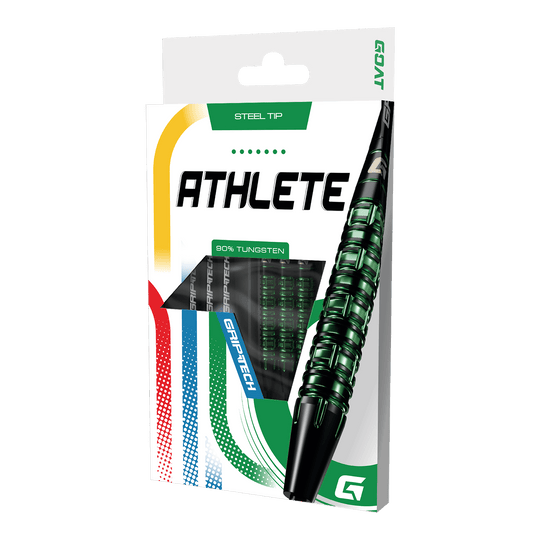 GOAT Athlete Green Tungsten Steeldarts Dieses Bild stellt die GOAT Athlete Green Tungsten Steeldarts dar. Die Darts heben sich durch ihr grünes Design hervor.