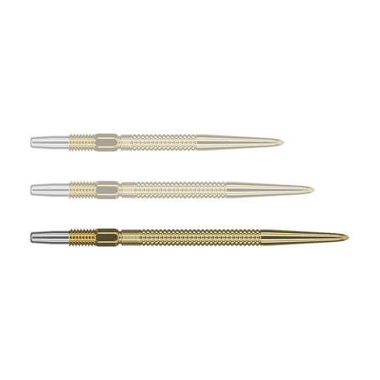 Das Bild zeigt drei goldene Dartspitzen des Produkts "Target Swiss Point GRD Gold Dartspitzen". Sie sind nebeneinander angeordnet und haben ein präzises, fein geriffeltes Design.