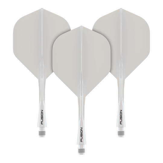 Das Bild zeigt drei weiße Dart-Flights mit integrierten Schäften. Auf den Schäften steht das Wort "FUSION".