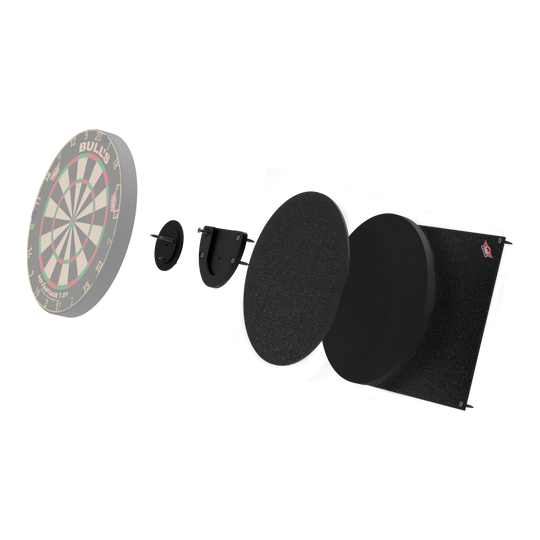 Bulls NL Dartboard Silencer Das Bild zeigt das Produkt "Bulls NL Dartboard Silencer" in einer Explosionszeichnung. Die verschiedenen Teile sind einzeln dargestellt, darunter das Dartboard und mehrere schallabsorbierende Schichten.