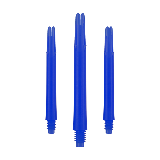 Auf dem Bild sind drei blaue, gerade Dartschäfte zu sehen. Sie stehen nebeneinander und haben unten ein Schraubgewinde.