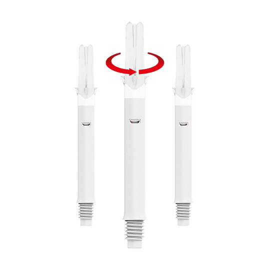 Das Bild zeigt drei weiße Dartshafts mit einem geraden Design. Über dem mittleren Shaft ist ein roter Pfeil zu sehen, der eine Drehbewegung anzeigt.