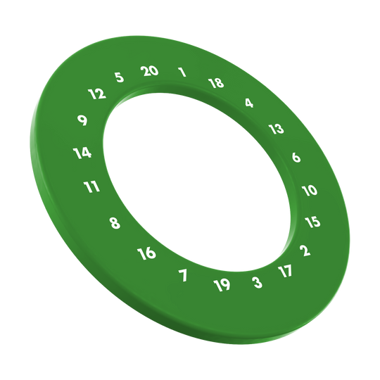 HD Zahlen Dartboard Surround - Eigene Farben Ein grünes, rundes Dartboard-Surround ohne Logo ist auf dem Bild zu sehen. Es wird genutzt, um die Wand vor Dartpfeilen zu schützen.